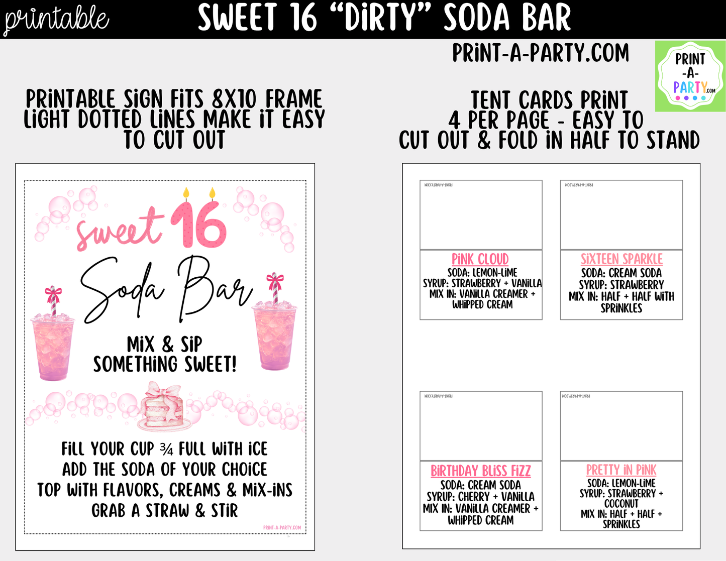 Sweet 16 Soda Bar Kit - Dirty Soda Sign (8x10), Recipe Tent Cards (12 recipes!) + Shopping list