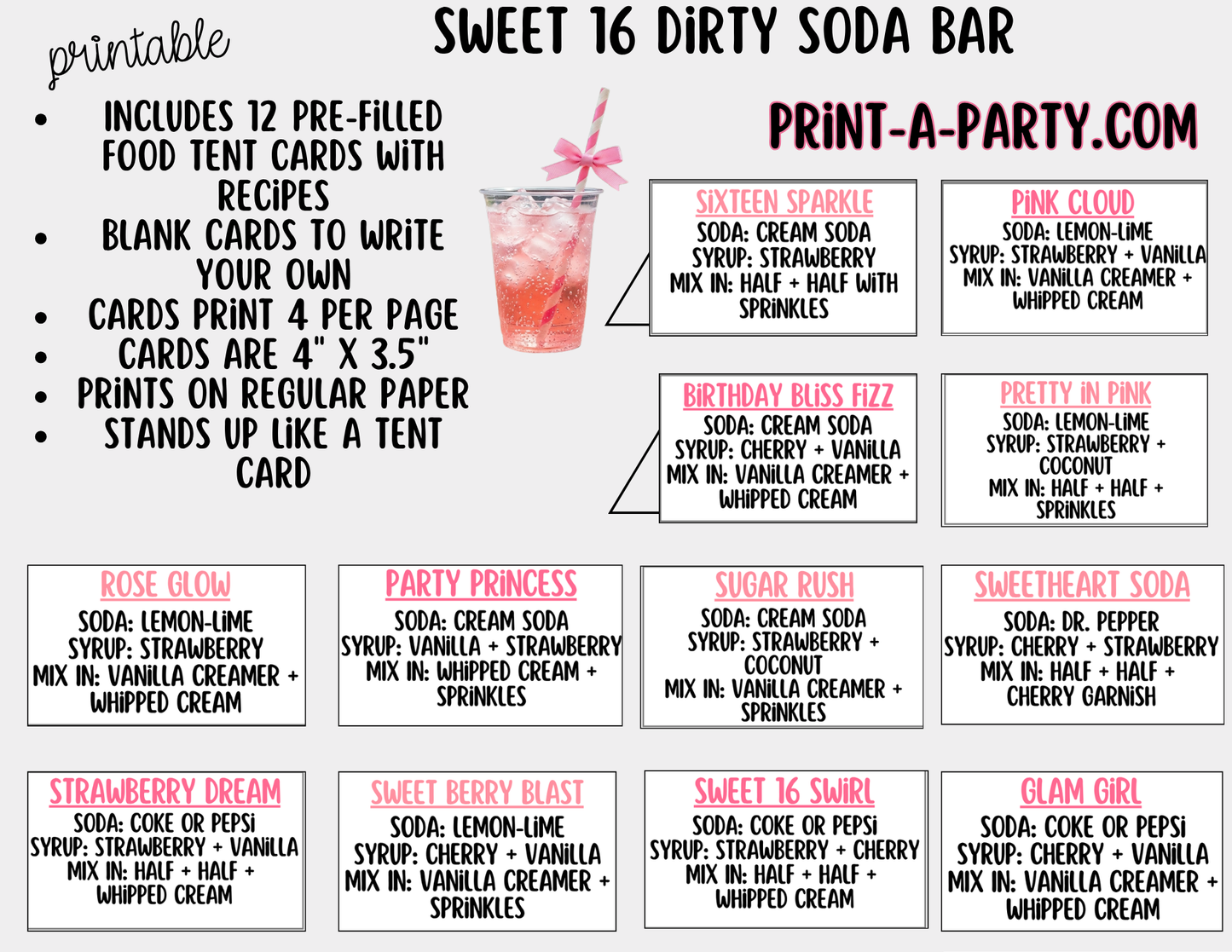 Sweet 16 Soda Bar Kit - Dirty Soda Sign (8x10) & Recipe Tent Cards (12 recipes!)
