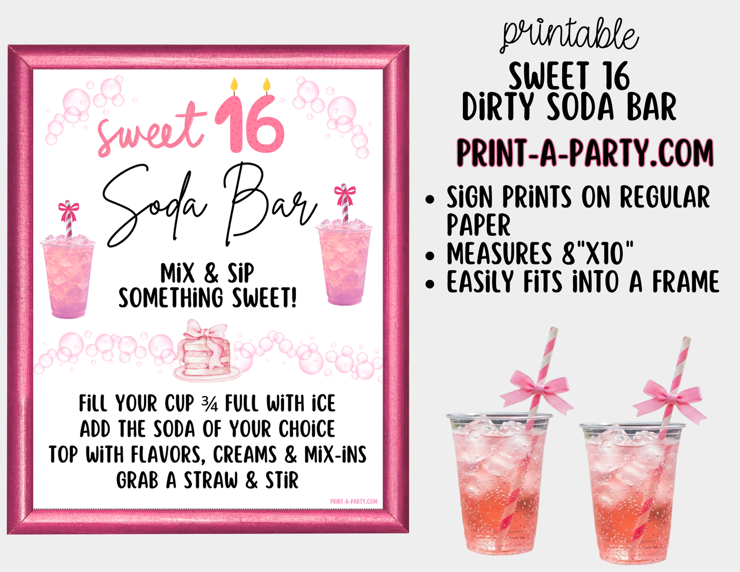 Sweet 16 Soda Bar Kit - Dirty Soda Sign (8x10) & Recipe Tent Cards (12 recipes!)