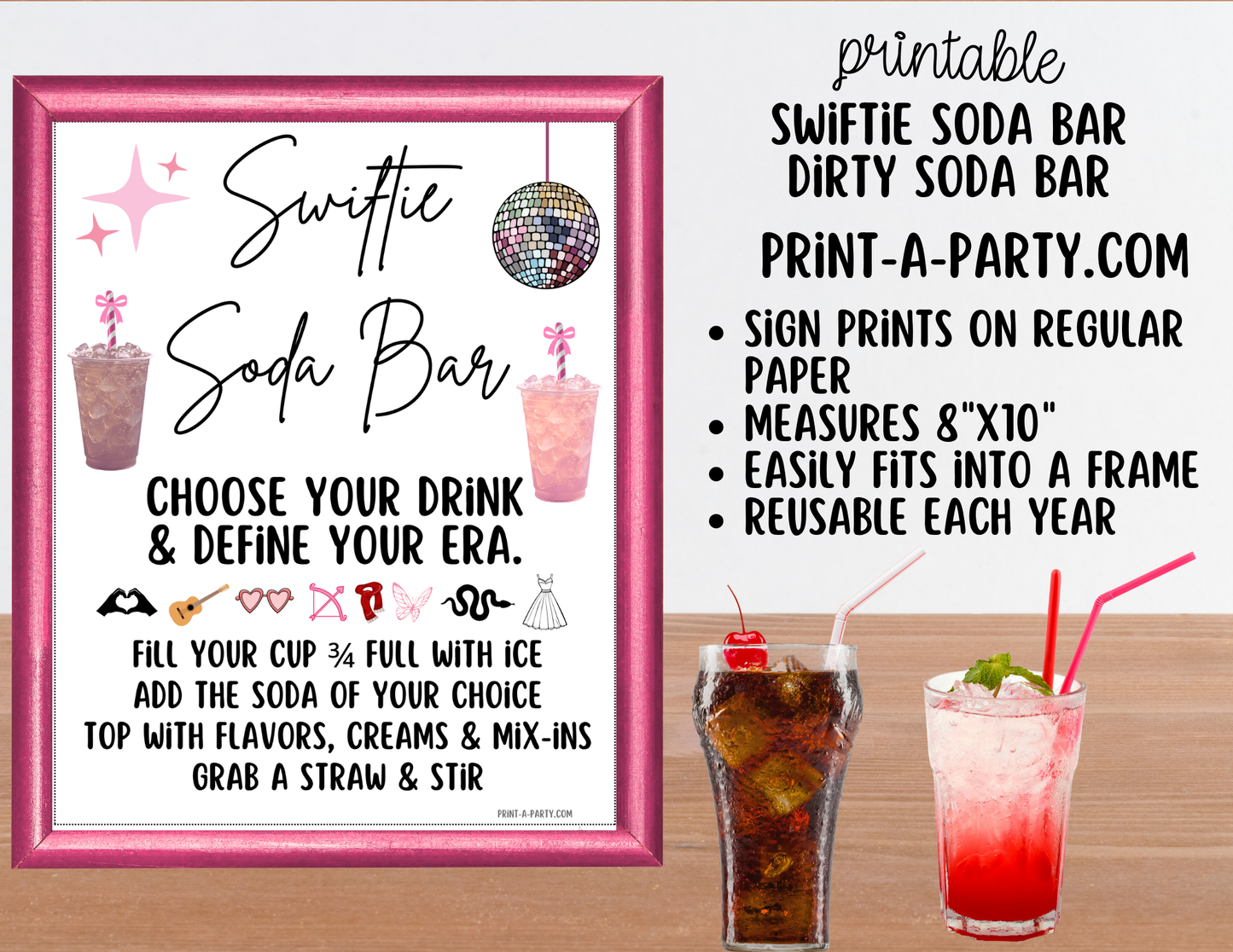 SWIFTIE SODA BAR - Printable Taylor Swift themed "Dirty" Soda Bar Kit - Soda Sign & Recipe Tent Cards (12 recipes!)