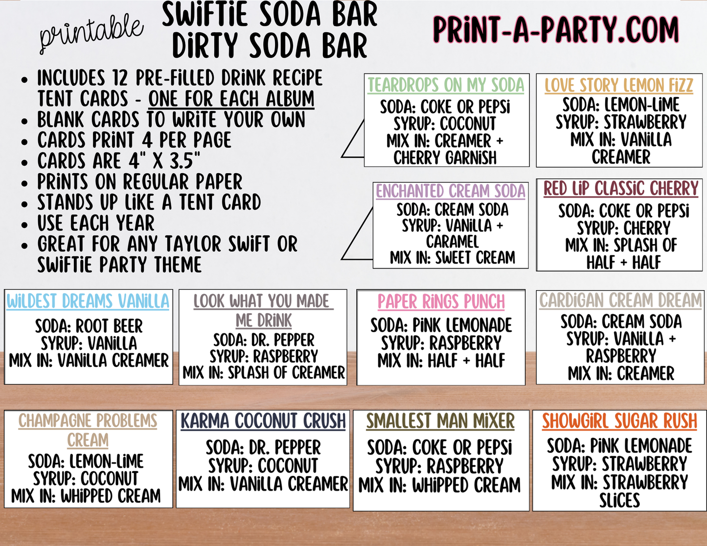 SWIFTIE SODA BAR - Printable Taylor Swift themed "Dirty" Soda Bar Kit - Soda Sign & Recipe Tent Cards (12 recipes!)