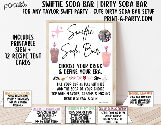 SWIFTIE SODA BAR - Printable Taylor Swift themed "Dirty" Soda Bar Kit - Soda Sign & Recipe Tent Cards (12 recipes!)