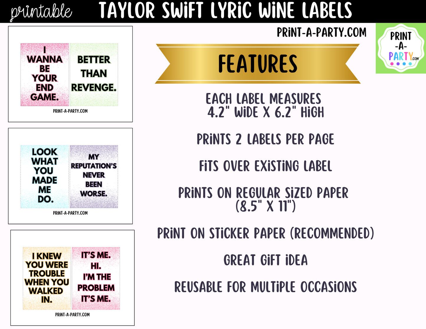 Taylor Swift-Inspired Printable Wine Labels | Funny Swiftie Wine Bottle Labels