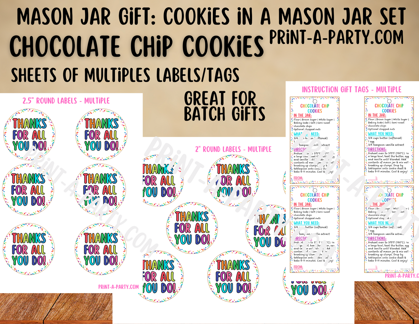MASON JAR GIFT: Printable Mason Jar Cookie Kit – Chocolate Chip Cookies “Thank You” Gift Labels & Tags | Teacher, Neighbor, Friend, or Coworker Appreciation