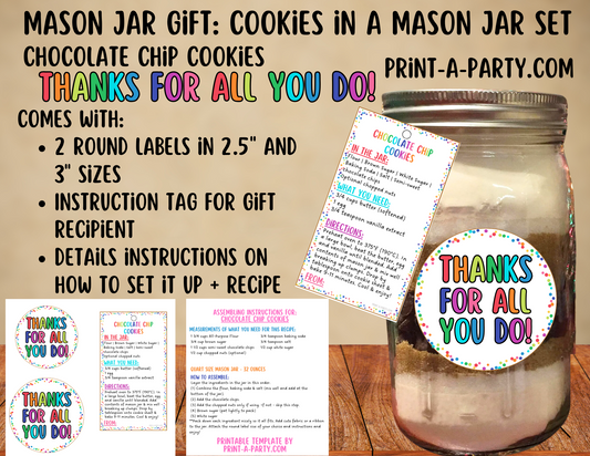 MASON JAR GIFT: Printable Mason Jar Cookie Kit – Chocolate Chip Cookies “Thank You” Gift Labels & Tags | Teacher, Neighbor, Friend, or Coworker Appreciation