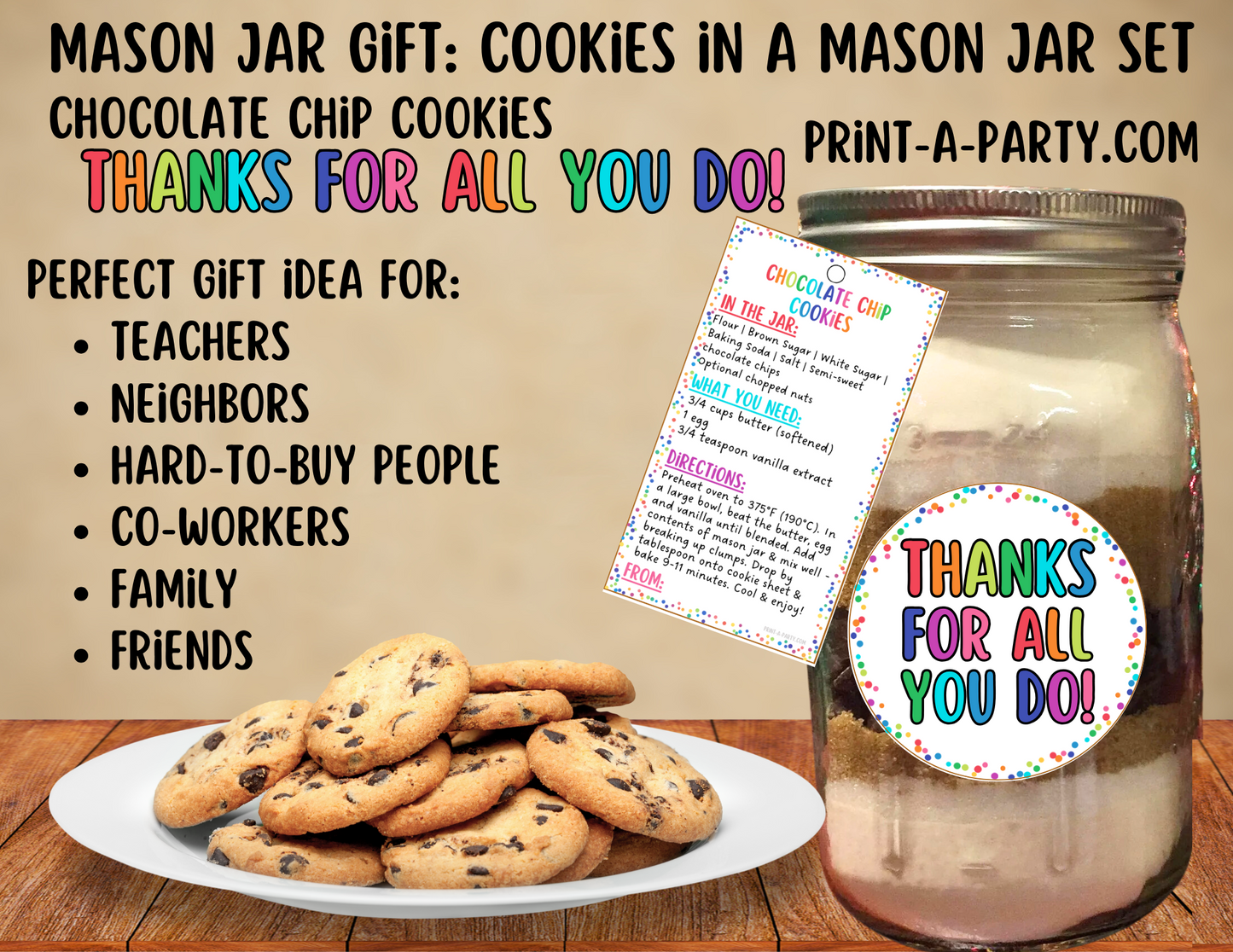 MASON JAR GIFT: Printable Mason Jar Cookie Kit – Chocolate Chip Cookies “Thank You” Gift Labels & Tags | Teacher, Neighbor, Friend, or Coworker Appreciation