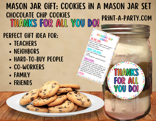 MASON JAR GIFT: Printable Mason Jar Cookie Kit – Chocolate Chip Cookies “Thank You” Gift Labels & Tags | Teacher, Neighbor, Friend, or Coworker Appreciation