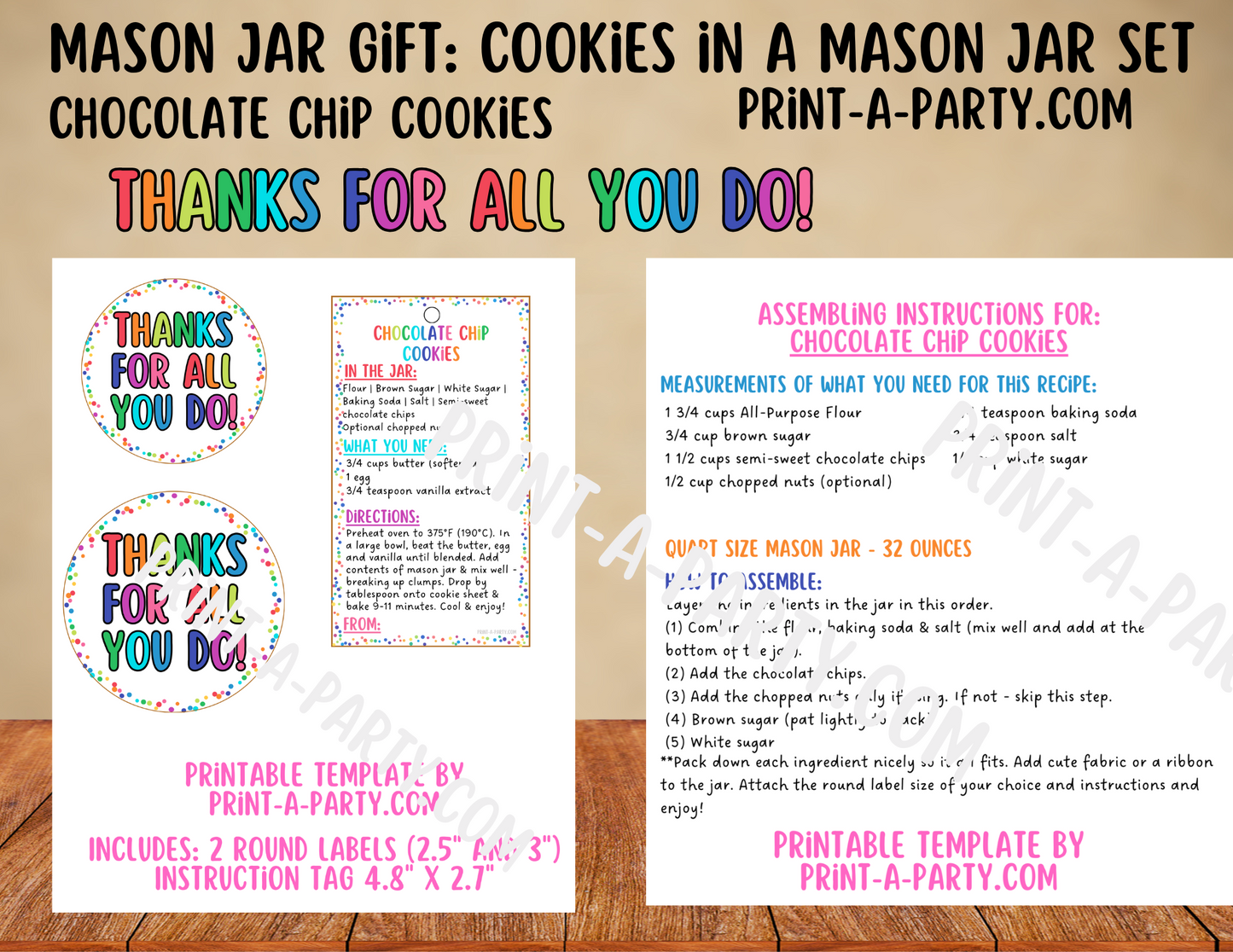MASON JAR GIFT: Printable Mason Jar Cookie Kit – Chocolate Chip Cookies “Thank You” Gift Labels & Tags | Teacher, Neighbor, Friend, or Coworker Appreciation