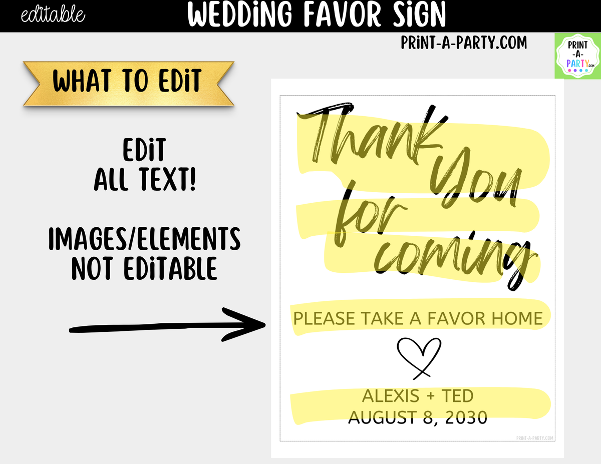 Editable Favors Sign – Thank You For Coming | 8x10 Canva
