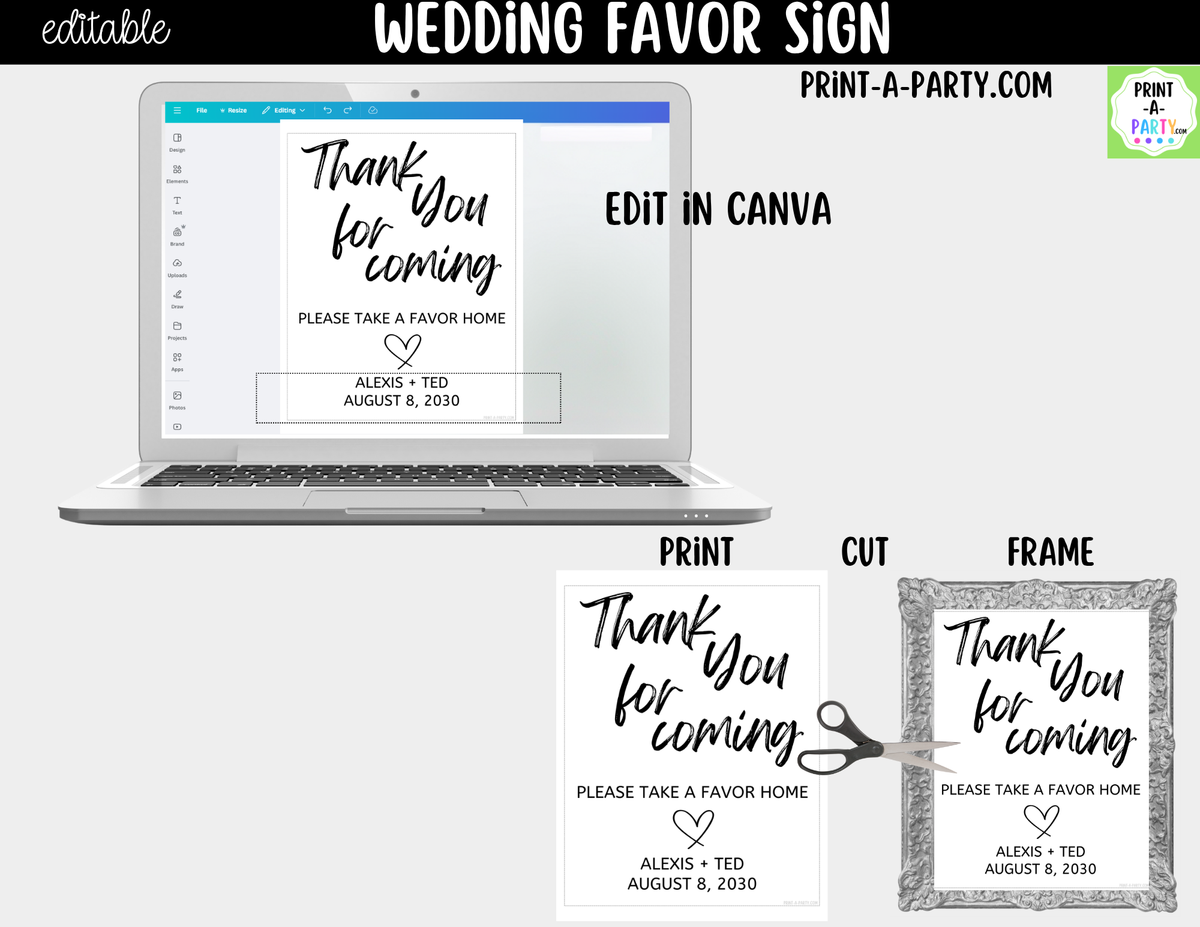 Editable Favors Sign – Thank You For Coming | 8x10 Canva