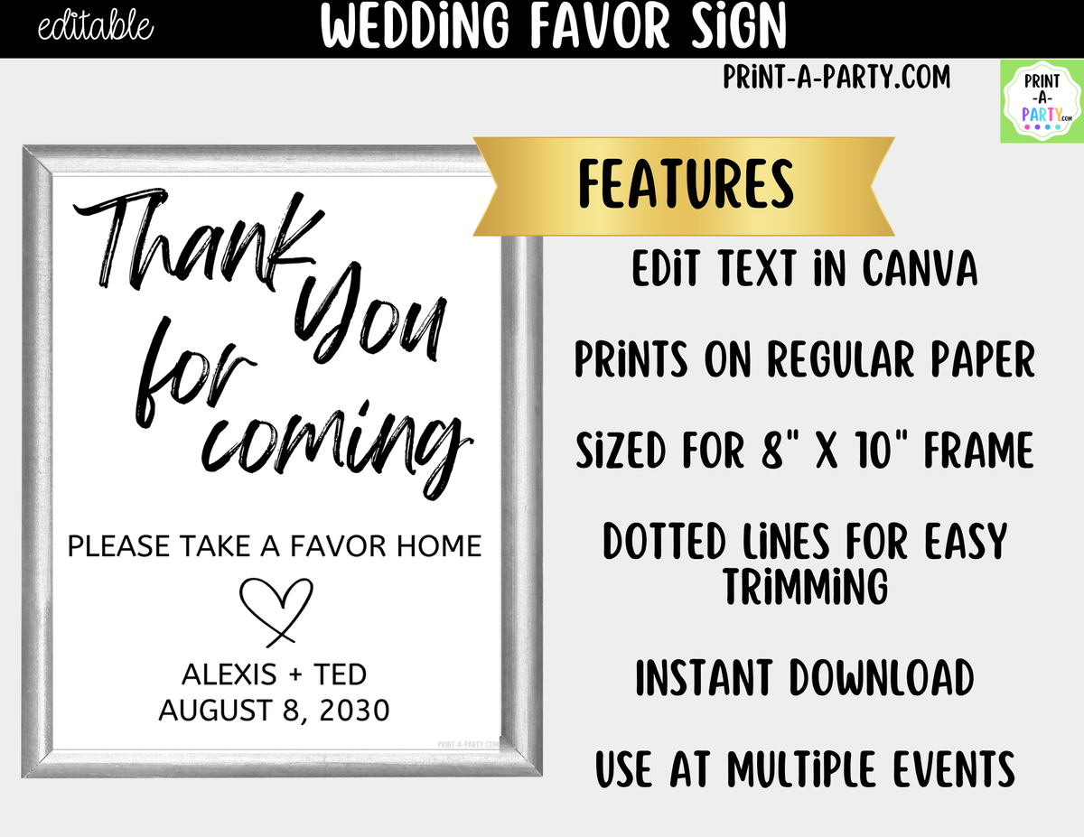 Editable Favors Sign – Thank You For Coming | 8x10 Canva