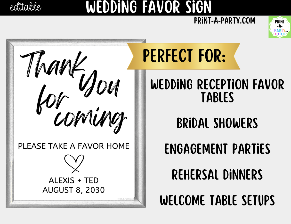 Editable Favors Sign – Thank You For Coming | 8x10 Canva