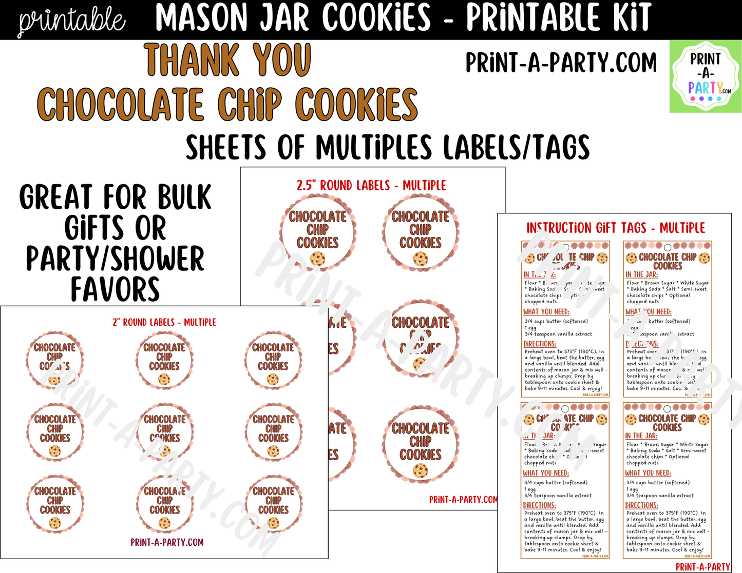Chocolate Chip Cookies - Thank You Gift in a Mason Jar Printable Kit - Labels, Tag, Recipe and Instructions