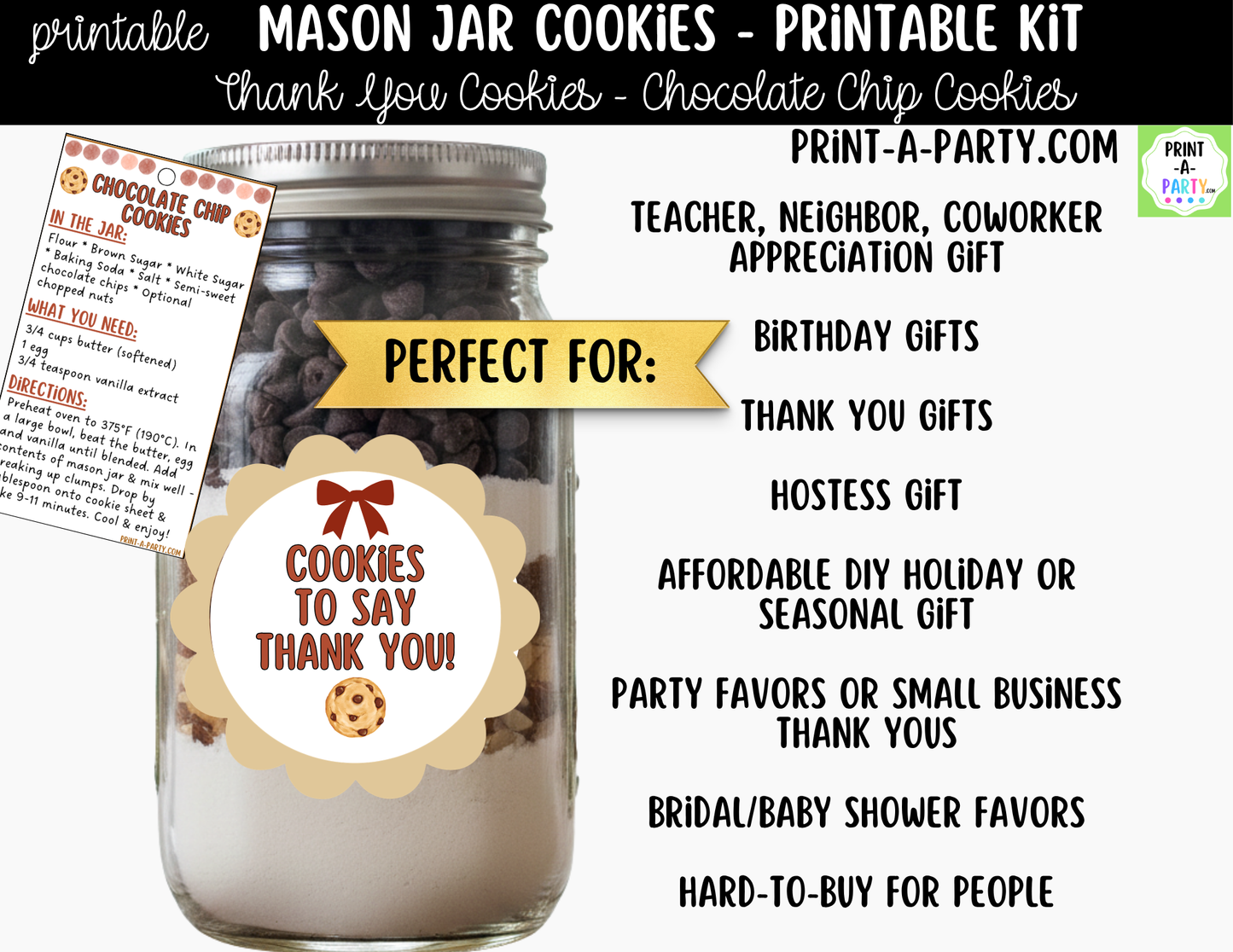 Chocolate Chip Cookies - Thank You Gift in a Mason Jar Printable Kit - Labels, Tag, Recipe and Instructions