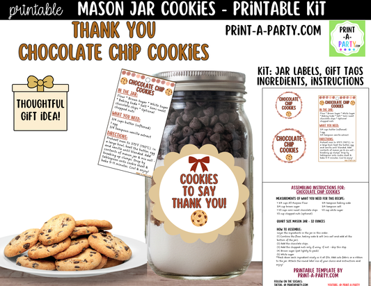 Chocolate Chip Cookies - Thank You Gift in a Mason Jar Printable Kit - Labels, Tag, Recipe and Instructions