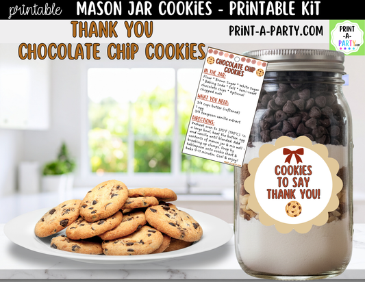Chocolate Chip Cookies - Thank You Gift in a Mason Jar Printable Kit - Labels, Tag, Recipe and Instructions