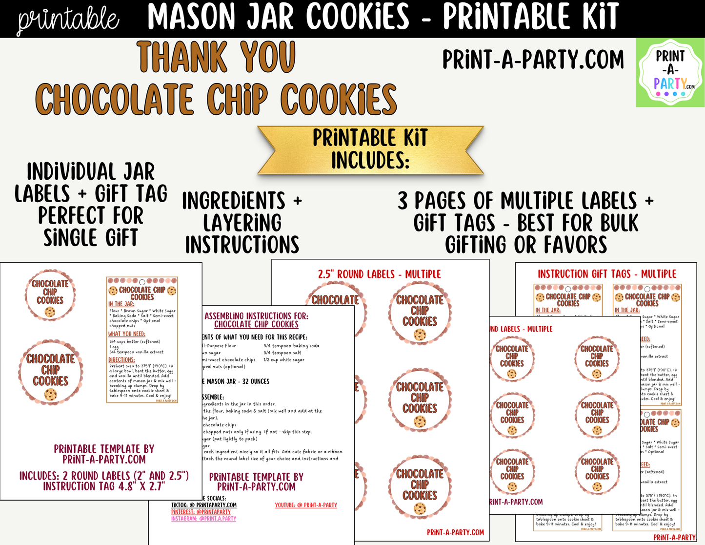 Chocolate Chip Cookies - Thank You Gift in a Mason Jar Printable Kit - Labels, Tag, Recipe and Instructions