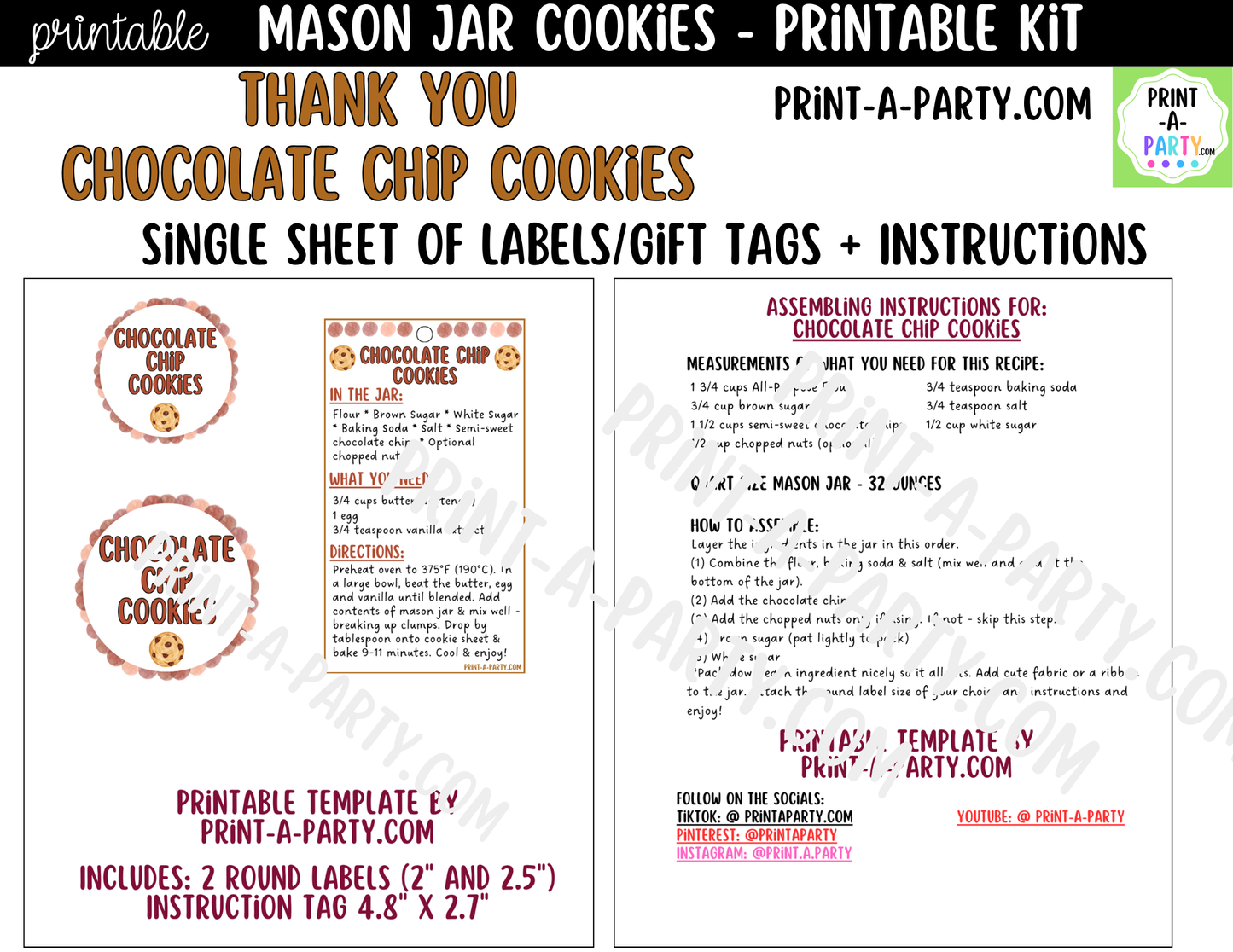 Chocolate Chip Cookies - Thank You Gift in a Mason Jar Printable Kit - Labels, Tag, Recipe and Instructions