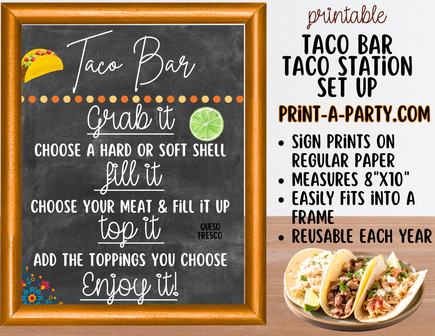 Taco Bar Printable Sign (8x10) and Topping Tent Cards - Party Event Buffet Decor