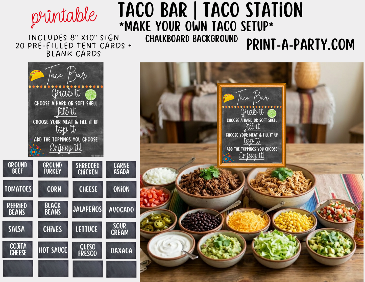 Taco Bar Printable Sign (8x10) and Topping Tent Cards - Party Event Buffet Decor