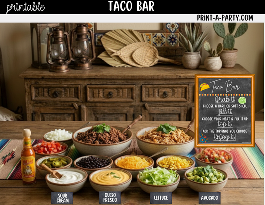 Taco Bar Printable Sign (8x10) and Topping Tent Cards - Party Event Buffet Decor