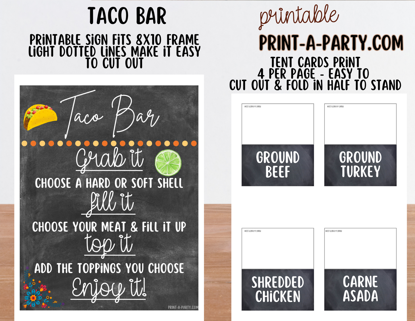 Taco Bar Printable Sign (8x10) and Topping Tent Cards - Party Event Buffet Decor