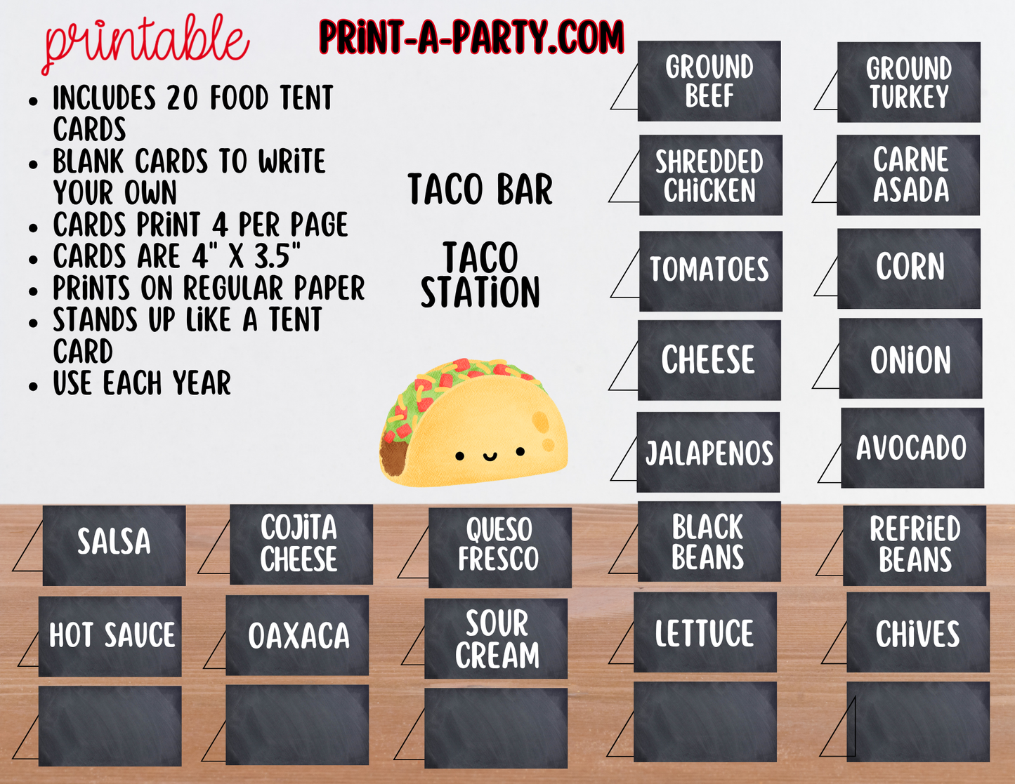 Taco Bar Printable Sign (8x10) and Topping Tent Cards - Party Event Buffet Decor