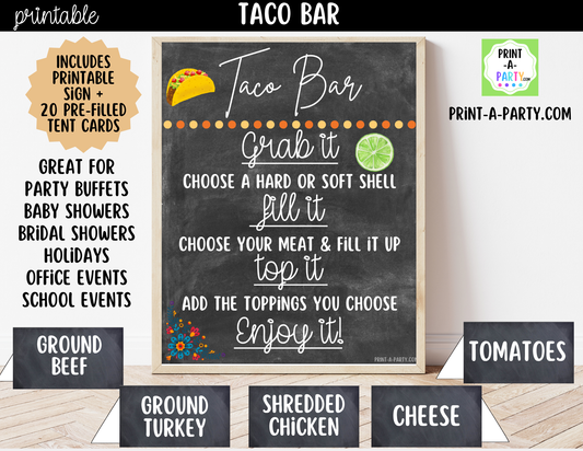 Taco Bar Printable Sign (8x10) and Topping Tent Cards - Party Event Buffet Decor