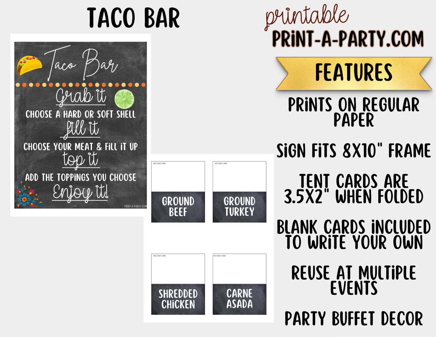 Taco Bar Printable Sign (8x10) and Topping Tent Cards - Party Event Buffet Decor