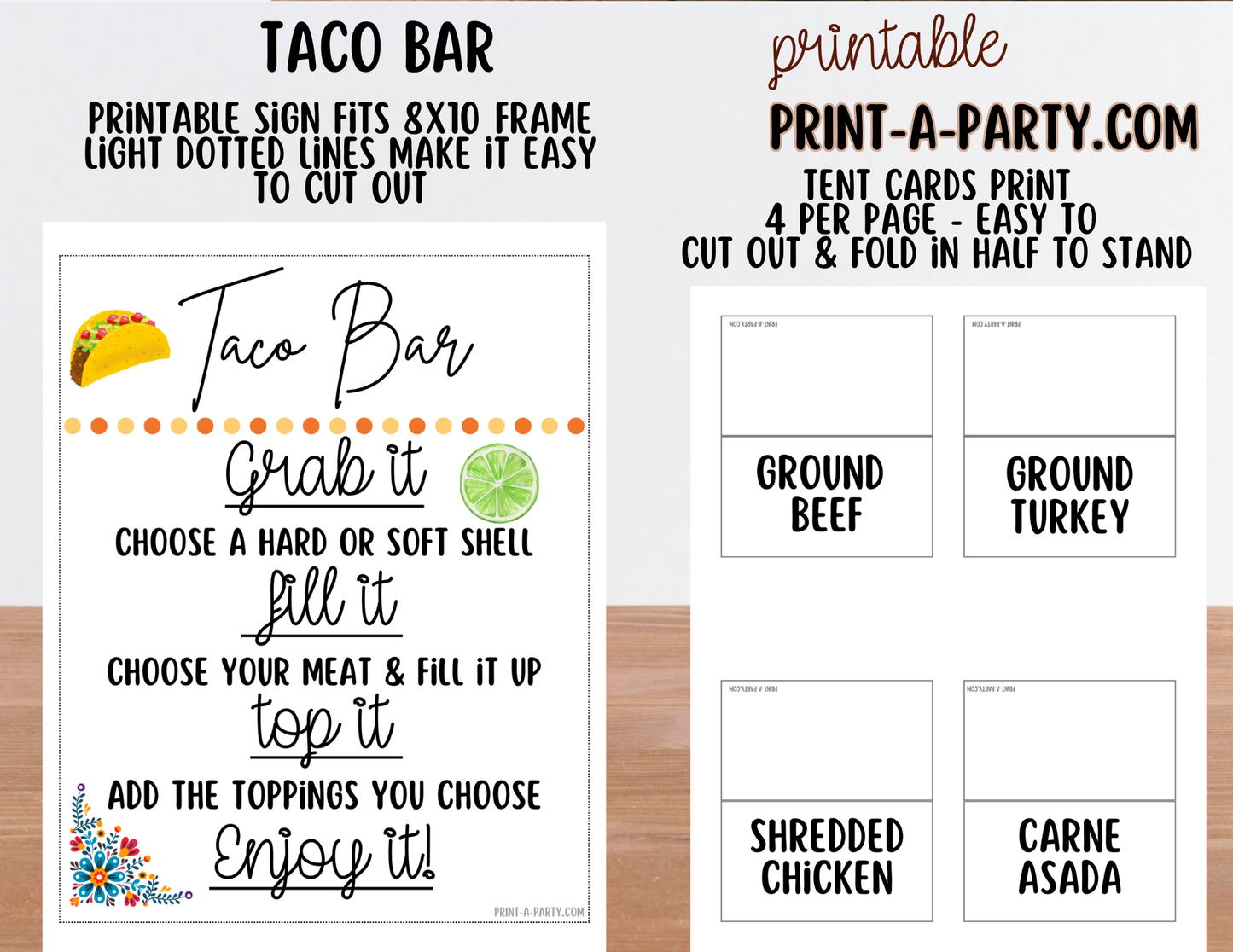 TACO BAR Printable Sign (8x10) and Topping Tent Cards - Party Event Buffet Decor