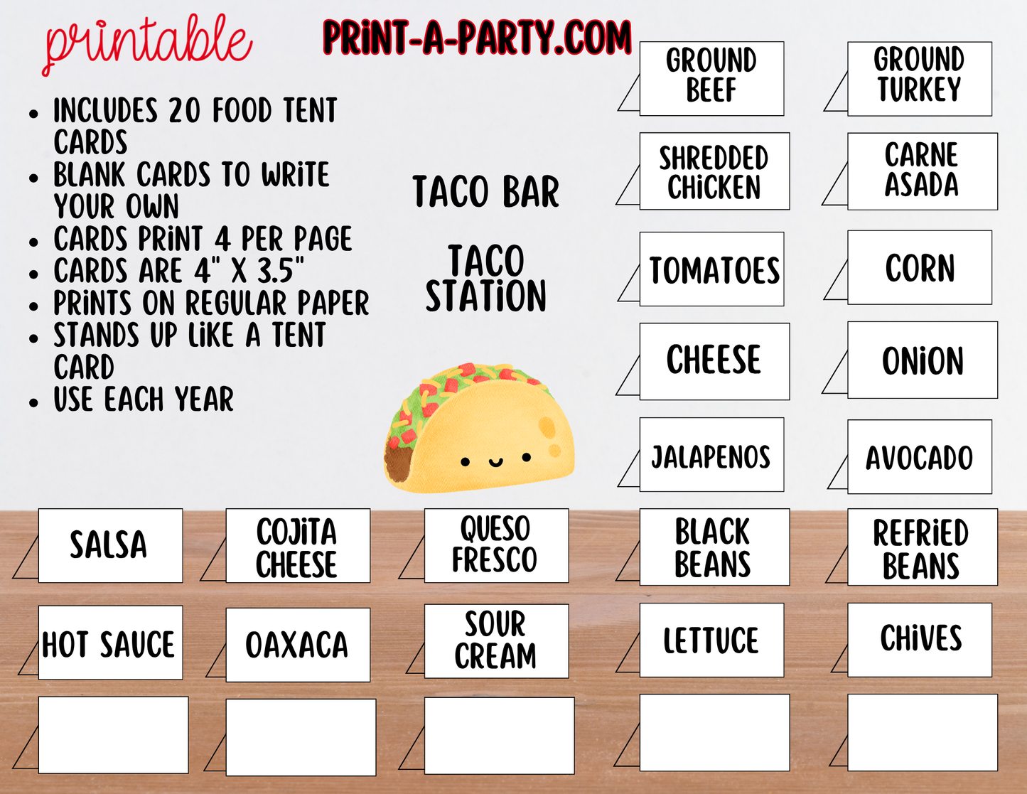 TACO BAR Printable Sign (8x10) and Topping Tent Cards - Party Event Buffet Decor