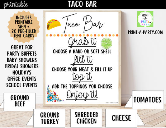TACO BAR Printable Sign (8x10) and Topping Tent Cards - Party Event Buffet Decor
