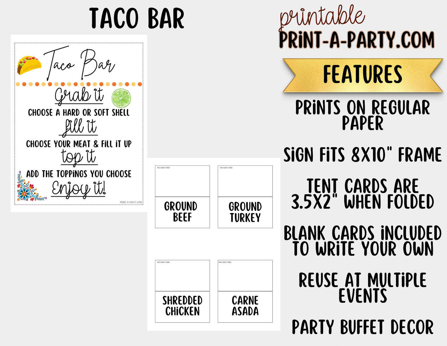 TACO BAR Printable Sign (8x10) and Topping Tent Cards - Party Event Buffet Decor