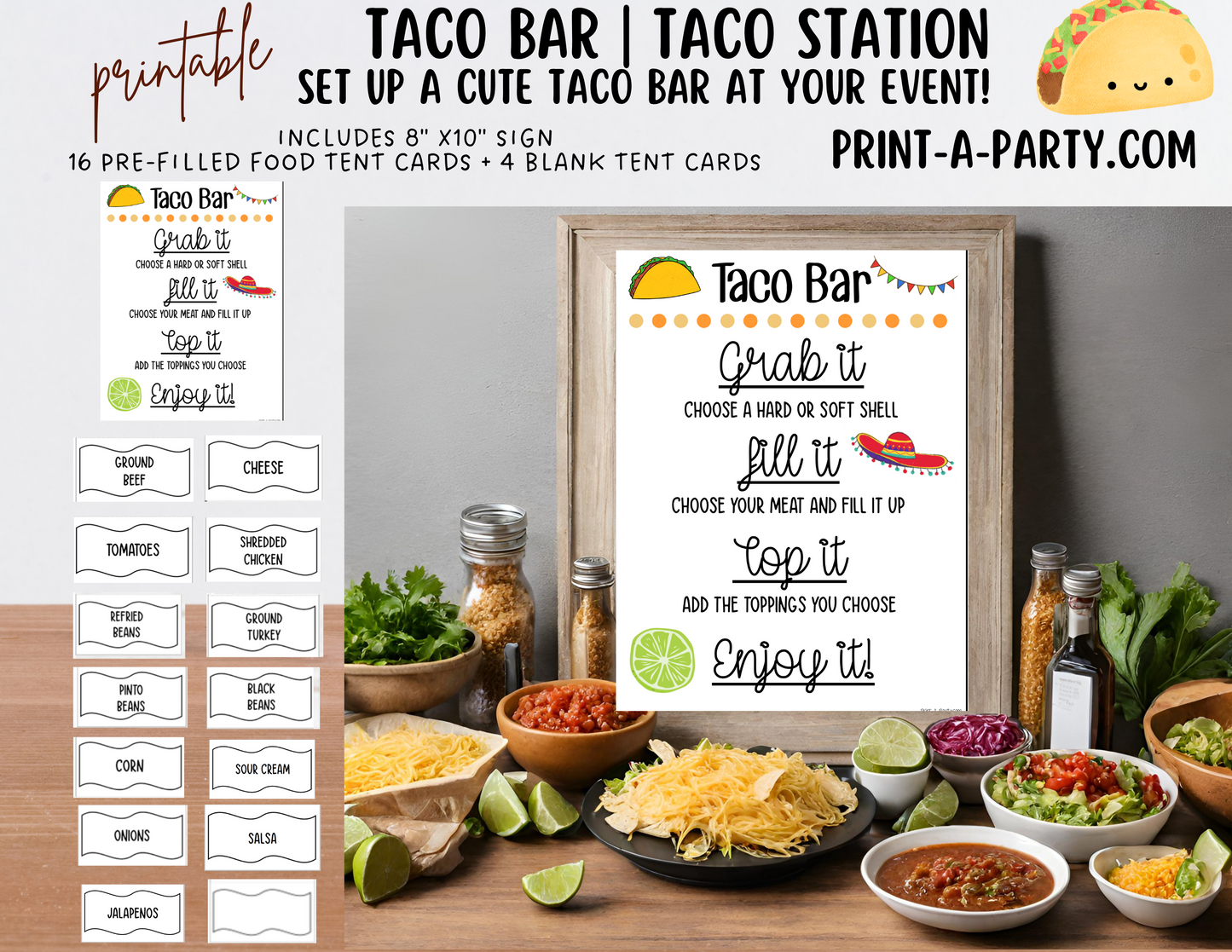 TACO BAR | TACO STATION Setup - WHITE | Make your own Tacos Sign | Taco Bar Station | DIY Taco Bar | Food Station for Party | Food Bar for Party | 4th of July | Summer Parties | Backyard Parties | Weddings | Showers