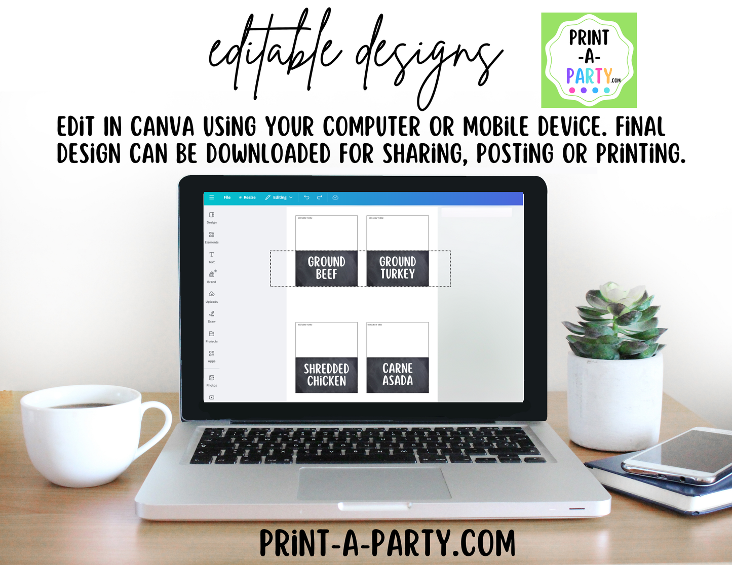 Editable Taco Bar Sign (8x10) and Toppings Tent Cards - Canva Template - For parties, showers and events