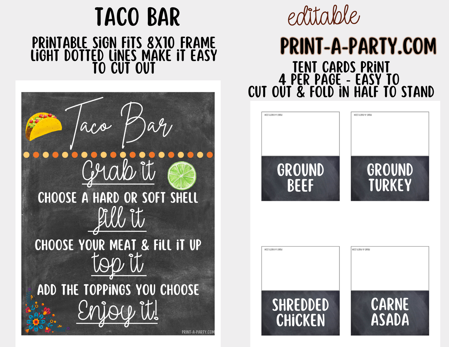 Editable Taco Bar Sign (8x10) and Toppings Tent Cards - Canva Template - For parties, showers and events
