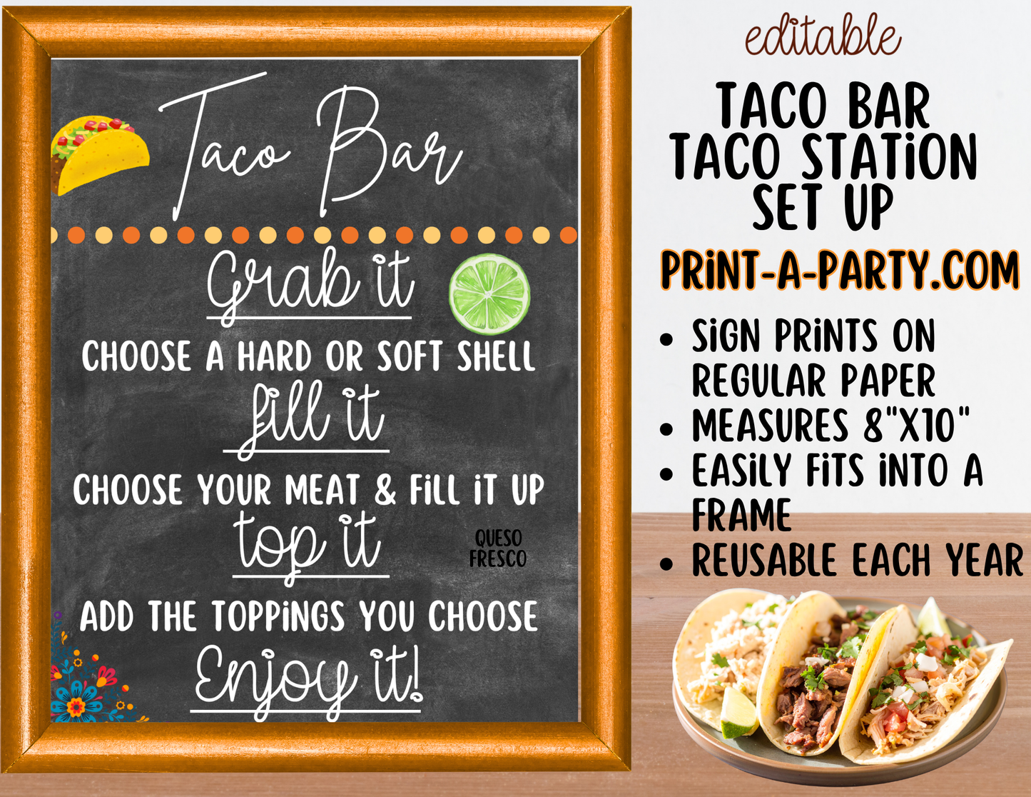 Editable Taco Bar Sign (8x10) and Toppings Tent Cards - Canva Template - For parties, showers and events