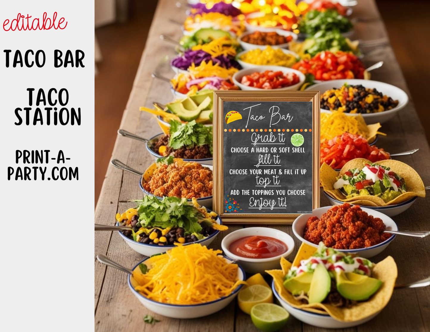 Editable Taco Bar Sign (8x10) and Toppings Tent Cards - Canva Template - For parties, showers and events