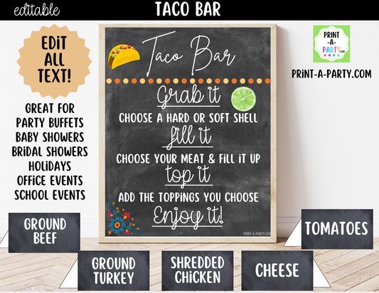 Editable Taco Bar Sign (8x10) and Toppings Tent Cards - Canva Template - For parties, showers and events
