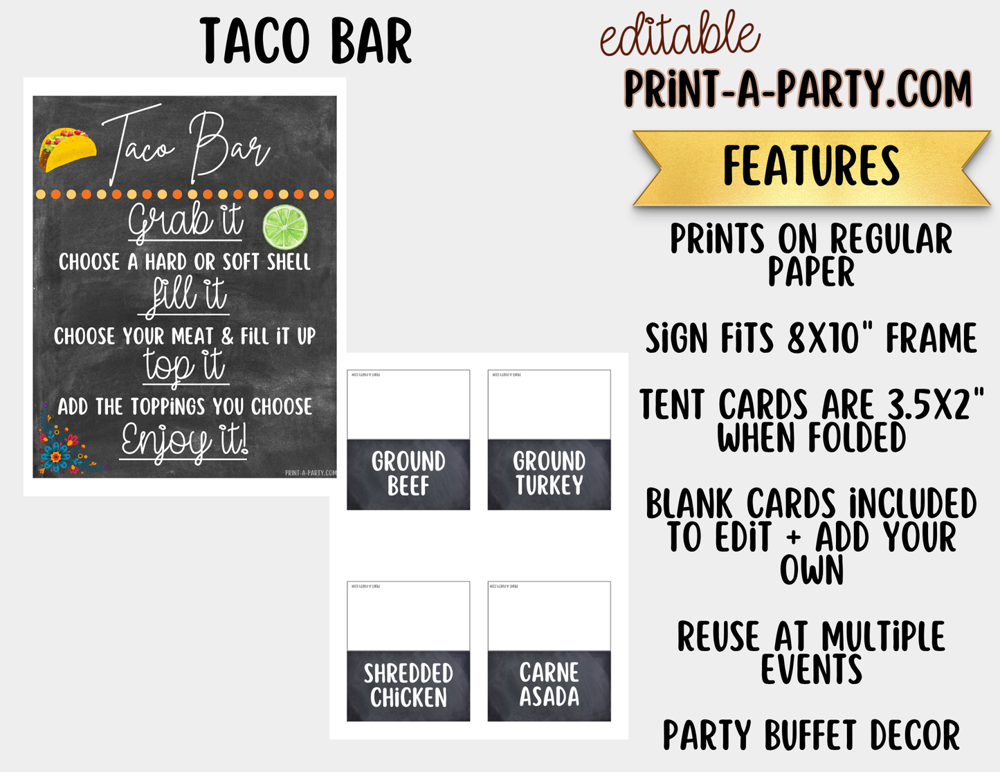 Editable Taco Bar Sign (8x10) and Toppings Tent Cards - Canva Template - For parties, showers and events