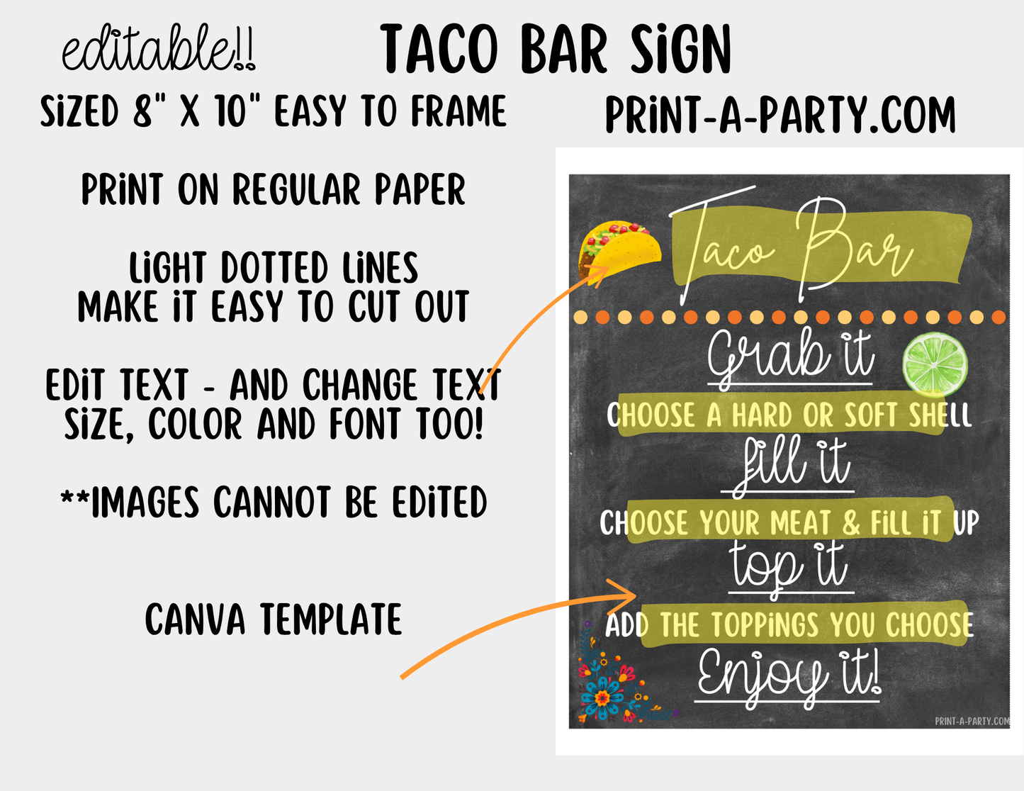 Editable Taco Bar Sign (8x10) and Toppings Tent Cards - Canva Template - For parties, showers and events