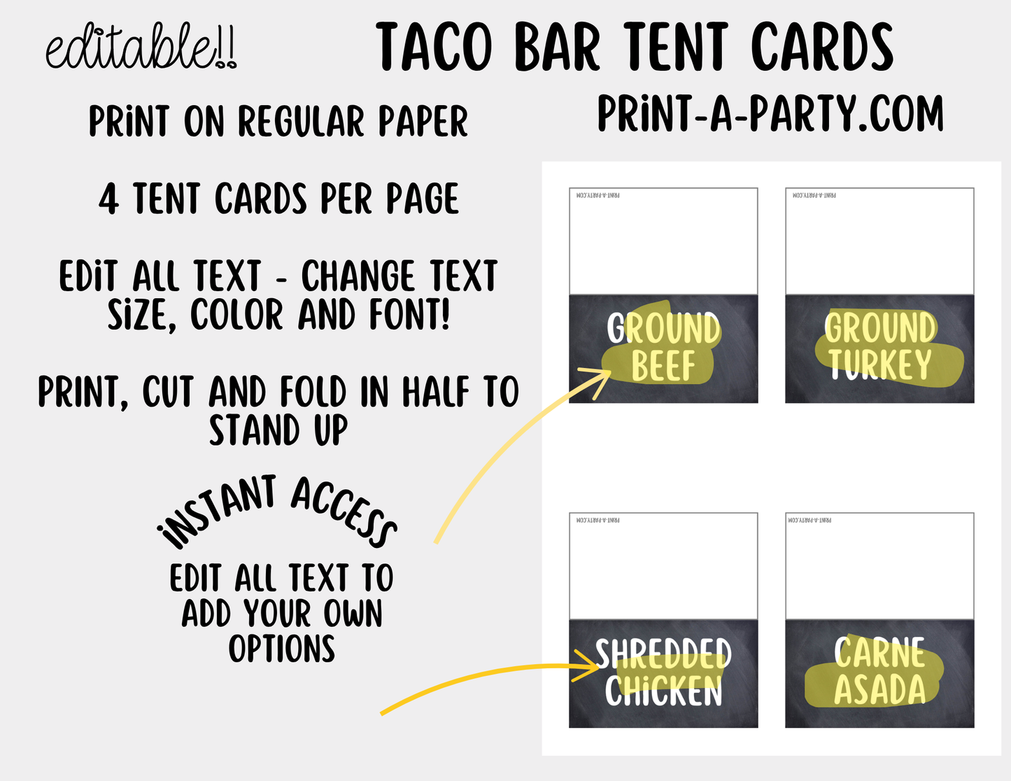 Editable Taco Bar Sign (8x10) and Toppings Tent Cards - Canva Template - For parties, showers and events