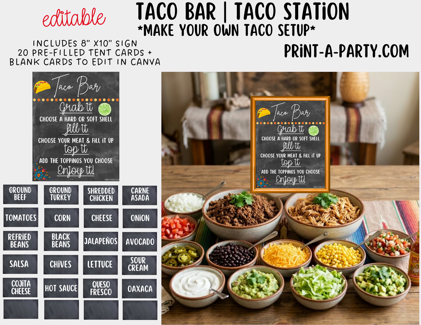 Editable Taco Bar Sign (8x10) and Toppings Tent Cards - Canva Template - For parties, showers and events