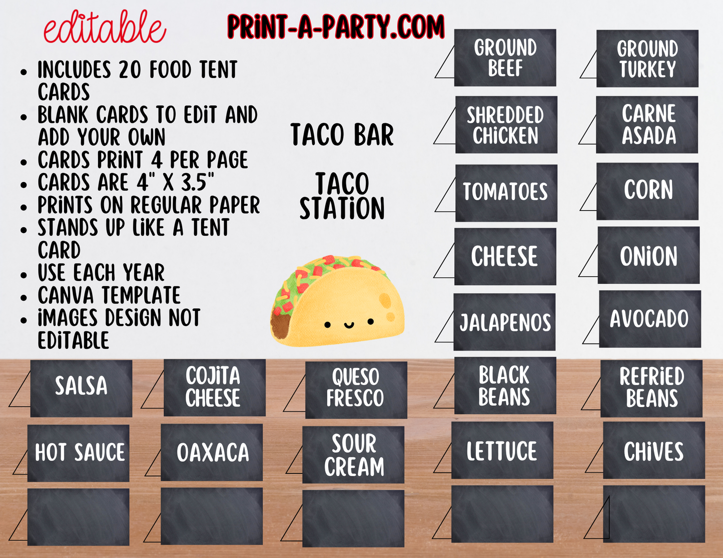Editable Taco Bar Sign (8x10) and Toppings Tent Cards - Canva Template - For parties, showers and events