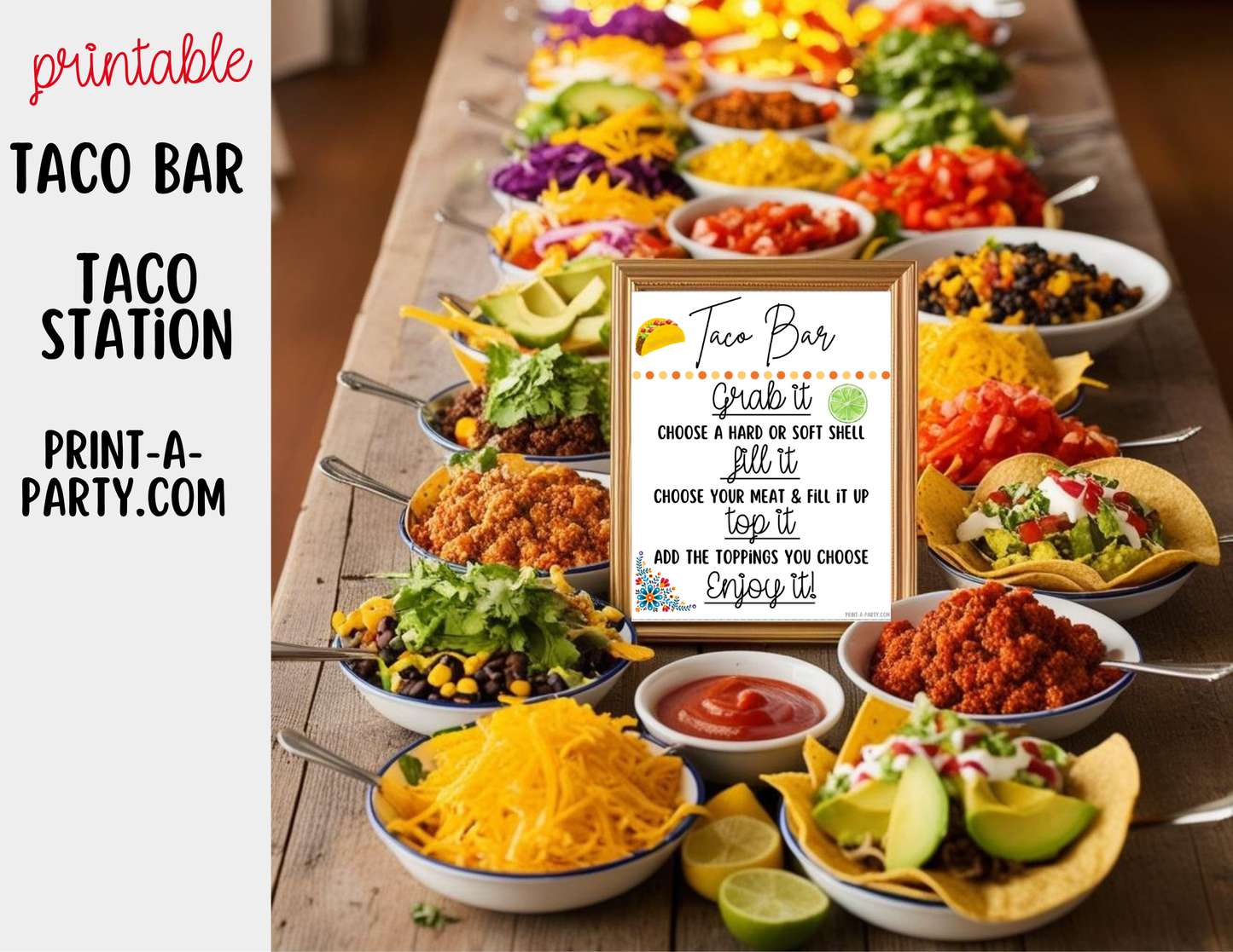 Editable Taco Bar Sign (8x10) and Toppings Tent Cards - Canva Template - For parties, showers and events
