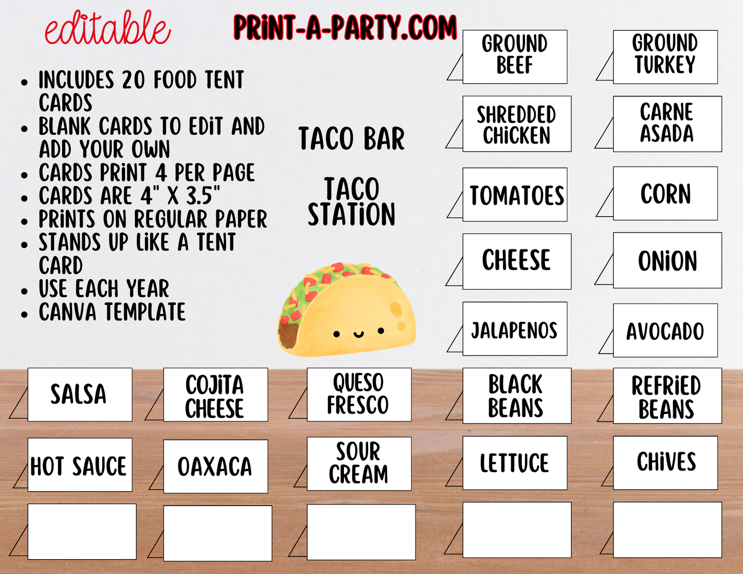 Editable Taco Bar Sign (8x10) and Toppings Tent Cards - Canva Template - For parties, showers and events