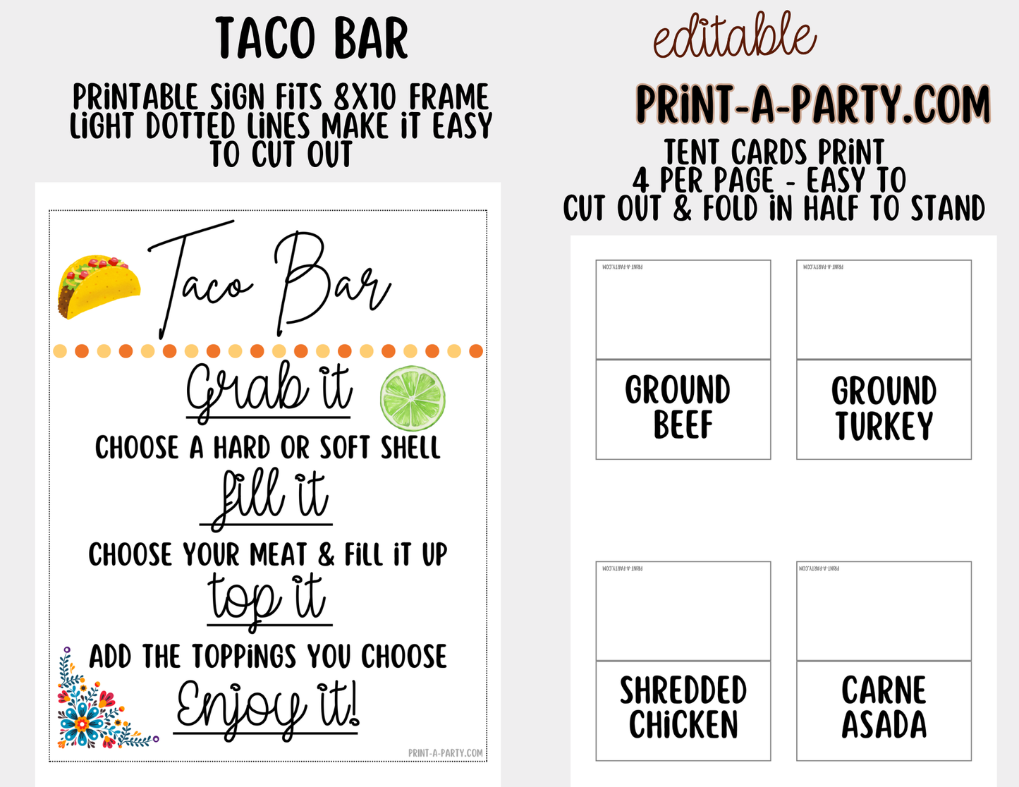 Editable Taco Bar Sign (8x10) and Toppings Tent Cards - Canva Template - For parties, showers and events