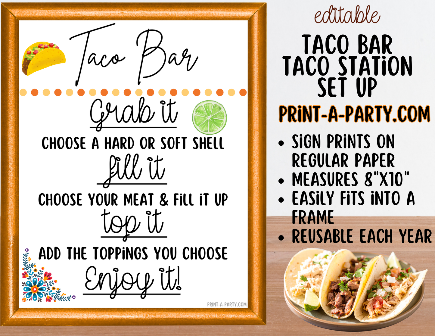 Editable Taco Bar Sign (8x10) and Toppings Tent Cards - Canva Template - For parties, showers and events