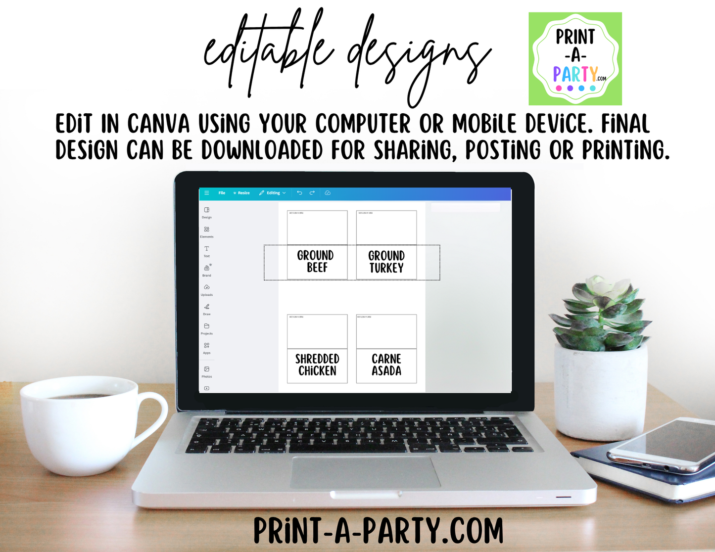 Editable Taco Bar Sign (8x10) and Toppings Tent Cards - Canva Template - For parties, showers and events