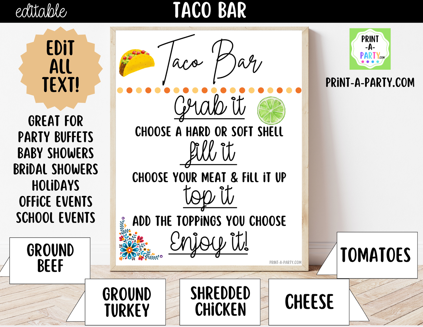 Editable Taco Bar Sign (8x10) and Toppings Tent Cards - Canva Template - For parties, showers and events